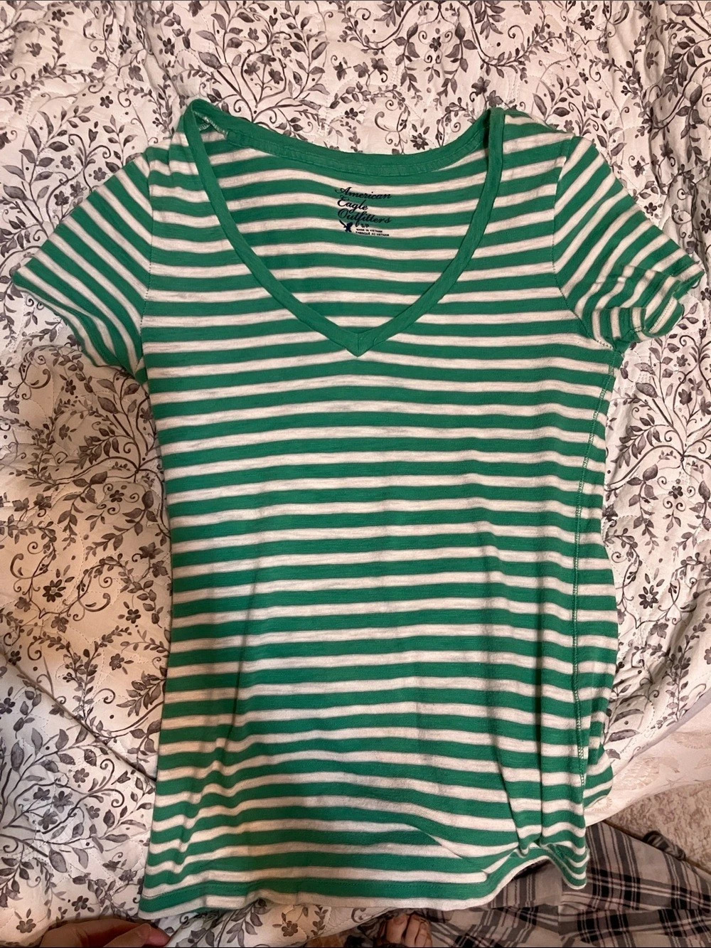 Vintage American Eagle Outfitters Striped V-Neck Tee in Green & White Size Small